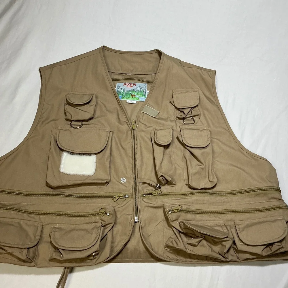 River Run Fishing Vest Utility Multi Pocket Outdoor Full Zip Beige‎ Size XL